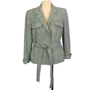 Albert‎ Nipon Womens Blue Wool Blend Raw Edge Tweed Blazer, Jacket, Belt, sz 14